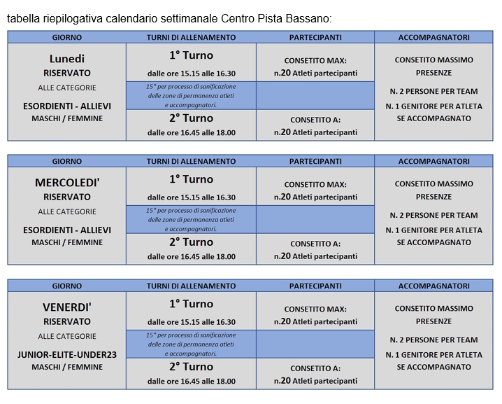 tabella calendario settimanale 2020